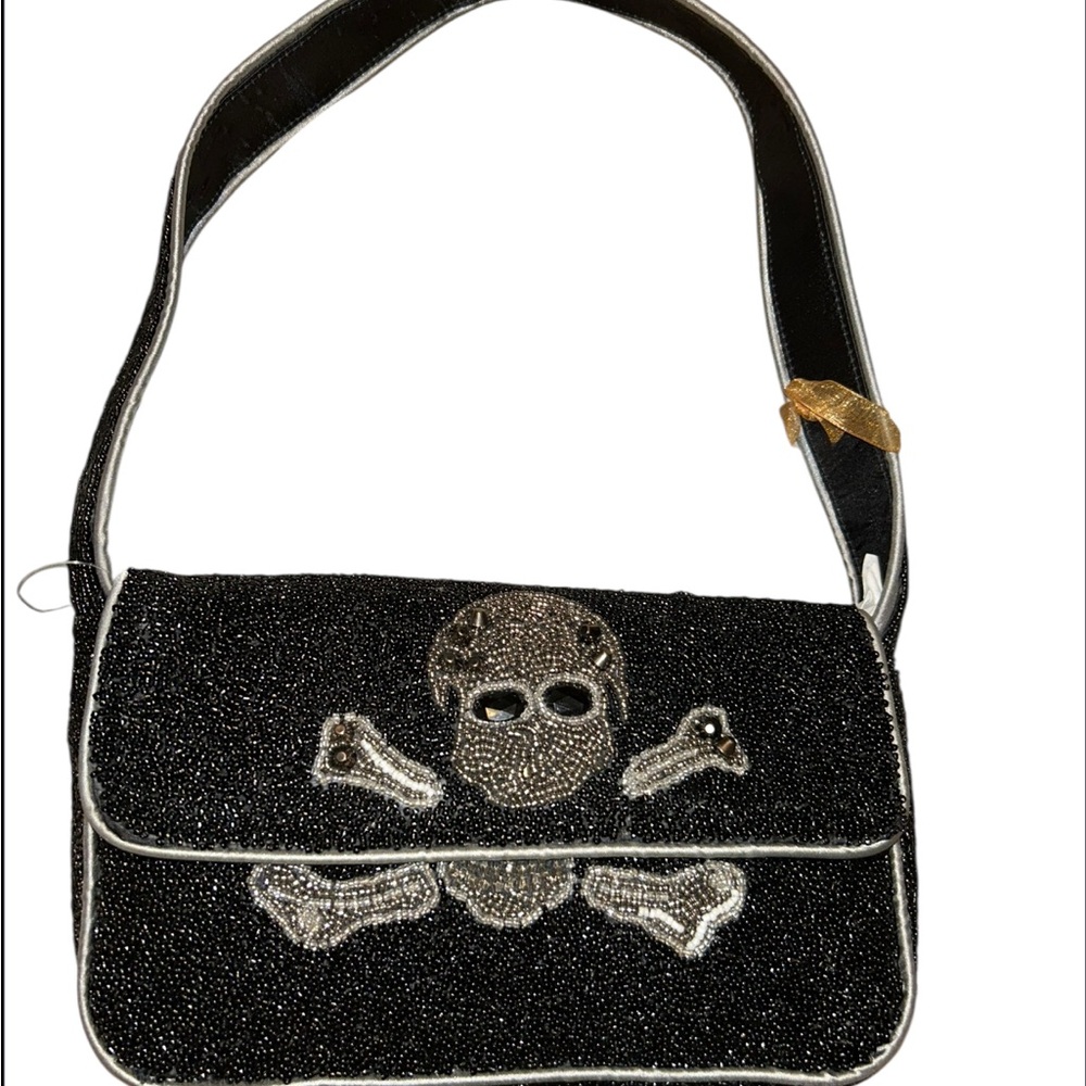 🔥 FROM INDIA TO YOU Edgy Black Skull Embellished Shoulder Breaded Bag. NWT